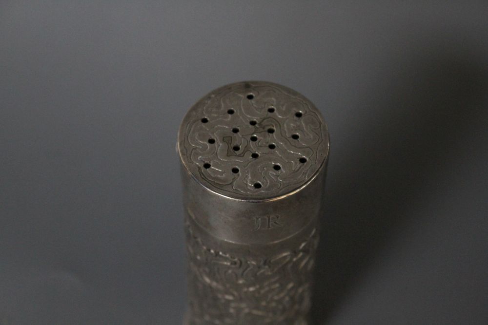 Anthony Hawksley. A silver caster with cast wrigglework decoration, initialled JRTA, London 1982, 12.25cm, 6oz.